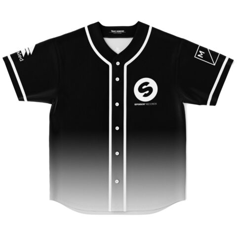 Black-to-white minimal gradient jersey front view with white piping, buttons, and circular music-style emblem