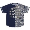 Seigaiha wave pattern with cats and “ANTI RAVER RAVER CLUB” lettering, back view