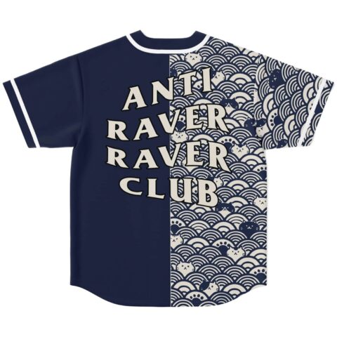 Seigaiha wave pattern with cats and “ANTI RAVER RAVER CLUB” lettering, back view