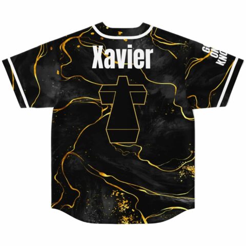 Black liquid marble jersey back with gold veining, Xavier name, and outlined cross emblem