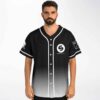 Model wearing black-to-white minimal gradient jersey in a straight-on front view with bold white trim