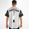 Back view on model highlights vertical pinstripes, PROFESSOR lettering, and cartoon-style scientist artwork