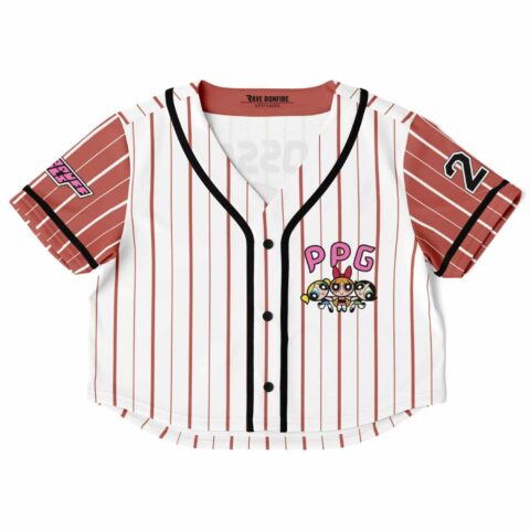 Cropped baseball jersey with red and white stripes and cartoon-style characters