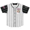 White-and-black pinstripe jersey front features cartoon-style professor and trio beneath readable PPG lettering