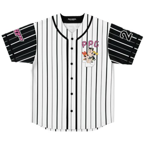 White-and-black pinstripe jersey front features cartoon-style professor and trio beneath readable PPG lettering