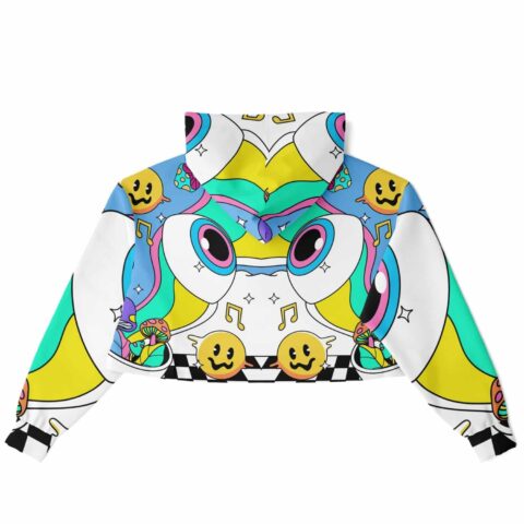 Back view of cropped hoodie with colorful playful design