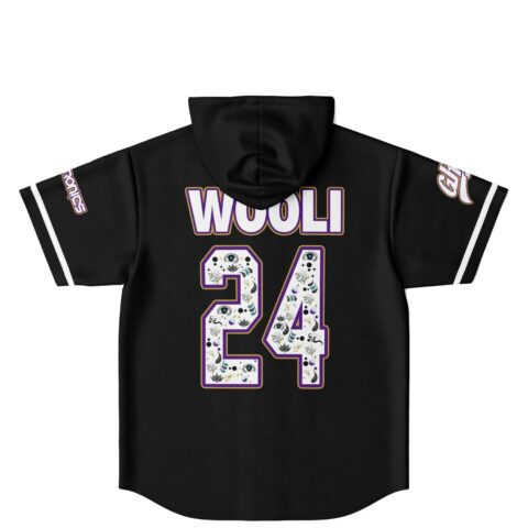 Black jersey back featuring readable WOOLI text above patterned 24 graphic