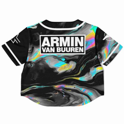 Back view of baseball jersey with bold text and vibrant abstract design
