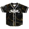 Liquid marble rave jersey front with gold veining, white “JUSTICE” lettering, and black button placket