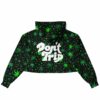Back view of cropped hoodie featuring vibrant green leaf design