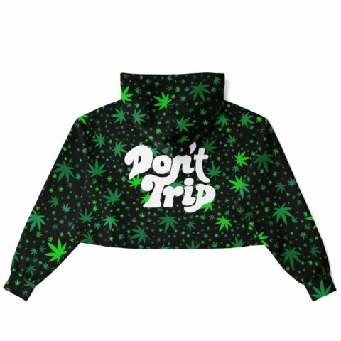 Back view of cropped hoodie featuring vibrant green leaf design