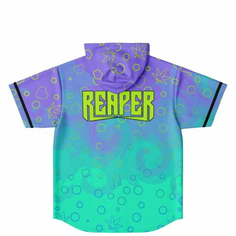 Purple teal scattered outline pattern hooded jersey back view featuring large REAPER lettering
