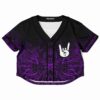 V-neck rave cropped baseball jersey with swirling purple patterns and hand gesture
