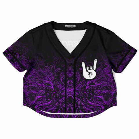 V-neck cropped baseball jersey with swirling purple patterns and hand gesture