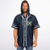 Navy festival jersey front model view with neon green crossed-arrow chest emblem and white piping