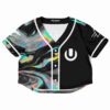 Black and colorful marble pattern rave cropped baseball jersey, short-sleeve