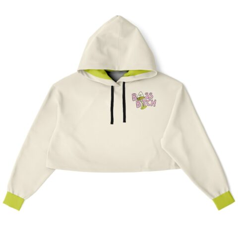 Front view of cropped hoodie with bass bitch and hood detail