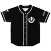 Black minimal-logo rave jersey with white U-shaped emblem and piping, front view on white background