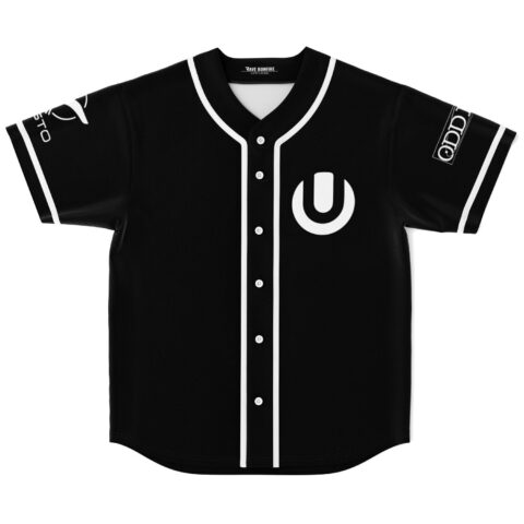 Black minimal-logo rave jersey with white U-shaped emblem and piping, front view on white background