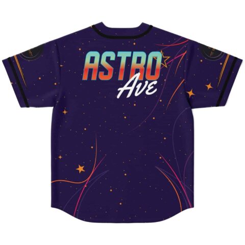 Deep indigo starry cosmic pattern featuring ASTRO AVE lettering and neon orbital lines back view