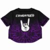 Purple psychedelic rave cropped baseball jersey with a rock hand symbol
