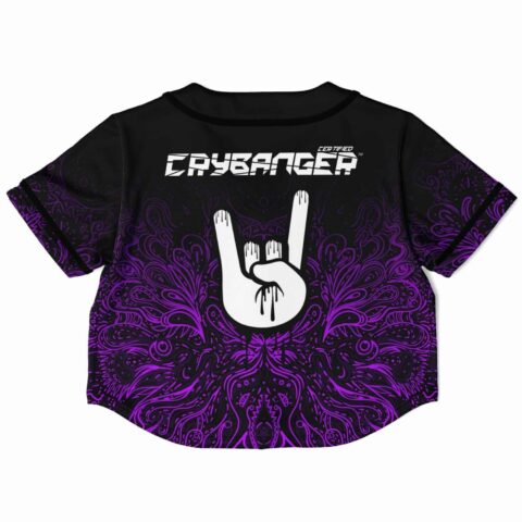 Cropped baseball jersey with purple psychedelic design and rock hand symbol