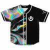Black psychedelic oil swirl jersey with neon cyan, pink, and yellow accents, front view