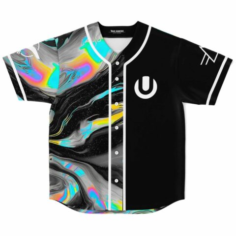 Black psychedelic oil swirl jersey with neon cyan, pink, and yellow accents, front view