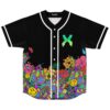 Psychedelic melting rave jersey front view with neon flowers, smiley faces, and white piping