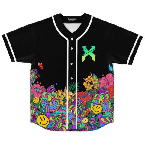 Psychedelic melting rave jersey front view with neon flowers, smiley faces, and white piping