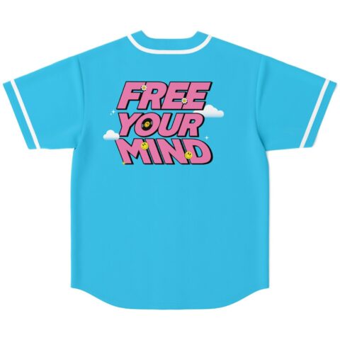 Cyan jersey back featuring oversized pink “FREE YOUR MIND” lettering, clouds, and smiley accents