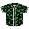 Black repeating cute green creature pattern on button-front jersey, shown in front view