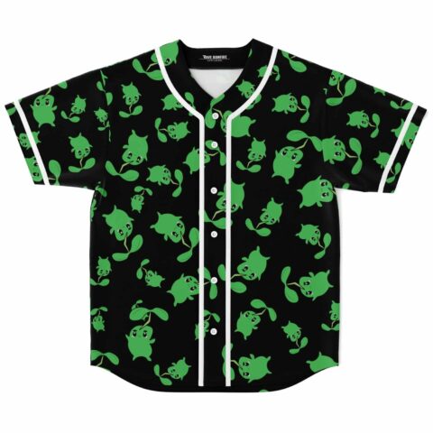 Black repeating cute green creature pattern on button-front jersey, shown in front view