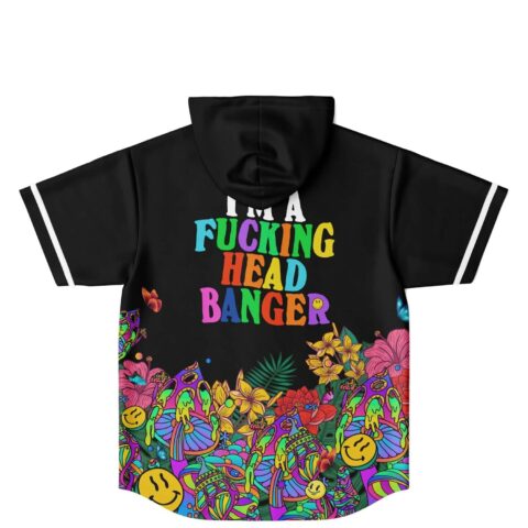 Psychedelic garden back view featuring colorful text reading "I'M A FUCKING HEAD BANGER"