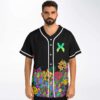 Model wearing psychedelic melting rave jersey front view with neon floral graphics and green emblem