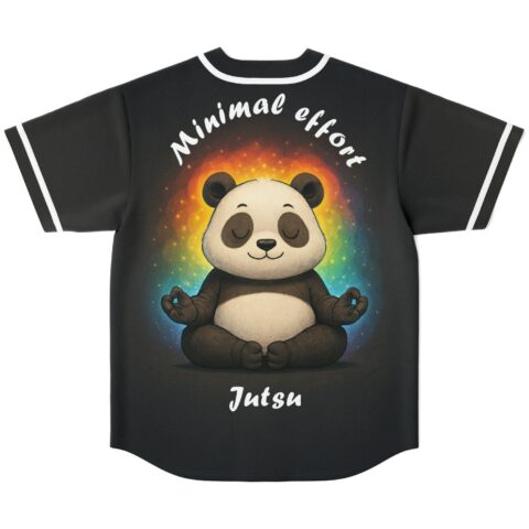 Meditating cartoon-style panda graphic with rainbow glow, back reads “Minimal effort” and “Jutsu”
