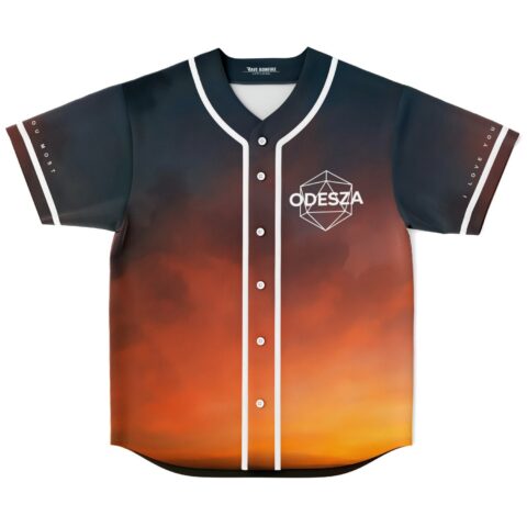 Sunset gradient cinematic sky jersey front with geometric emblem and white piping, studio product view