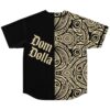 Back view shows a split black panel and cream Polynesian-inspired geometric swirl pattern