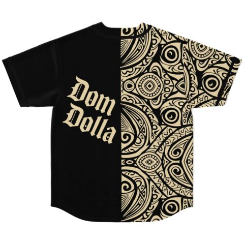 Back view shows a split black panel and cream Polynesian-inspired geometric swirl pattern