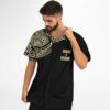 Angled front view shows the button closure, patterned shoulder, and HOUSE X TECHNO text