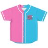 Split-color slogan jersey front view with pink and cyan panels reading “FREE YOUR MIND”