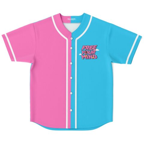 Split-color slogan jersey front view with pink and cyan panels reading “FREE YOUR MIND”