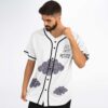 Model wearing purple spiral-cloud print jersey in angled front view at studio