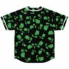 Black jersey back displays a repeating green cartoon-style creature and leaf pattern, rear view