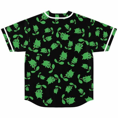 Black jersey back displays a repeating green cartoon-style creature and leaf pattern, rear view