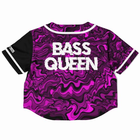 Cropped baseball jersey with vibrant purple marbled design and text