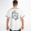 White geometric icosahedron jersey with oversized back emblem and orbit lines, rear view on model