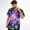 Angled front view highlights kawaii boba-sipping dinosaurs, galaxy artwork, and white button piping