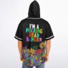 Model back view displays "I'M A FUCKING HEAD BANGER" above the colorful garden print