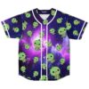 Kawaii green dinosaur boba pattern on a purple blue galaxy baseball jersey